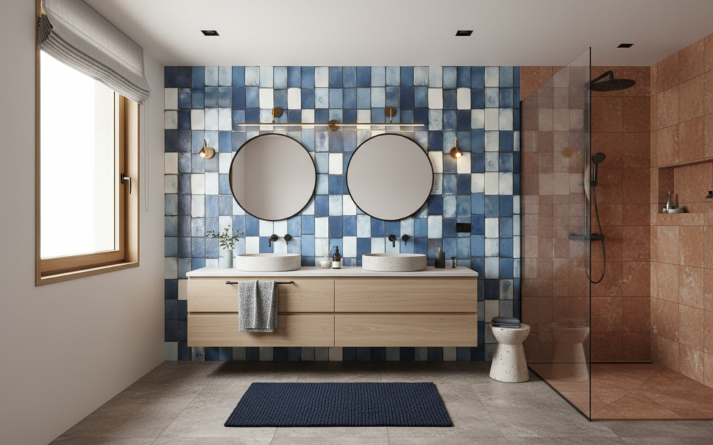 Papier Peint Mosaïque Carreaux Bleus et Blancs Effet Céramique - Salle de bain
