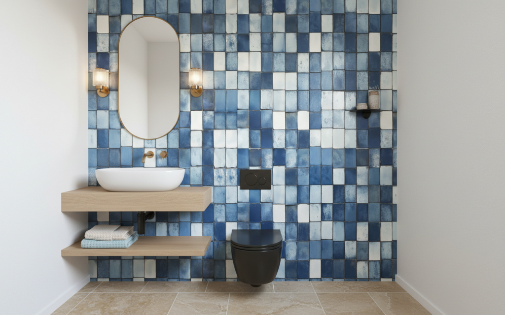 Papier Peint Mosaïque Carreaux Bleus et Blancs Effet Céramique - WC / Toilettes
