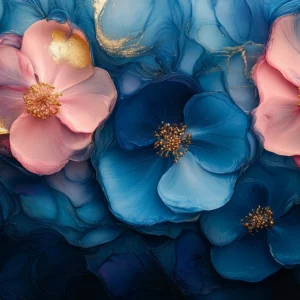 Papier Peint Fleurs Dorées Bleu Turquoise et Rose Pastel