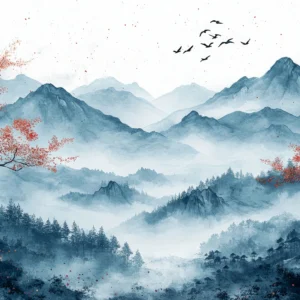 Papier Peint Paysage Montagneux Brumeux Style Aquarelle Asiatique