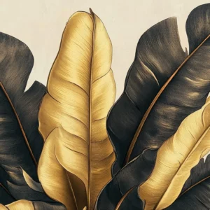 Papier Peint Feuilles Tropicales Dorées et Anthracite Luxueuses
