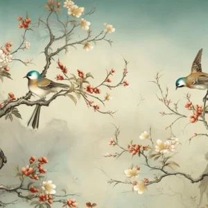 Papier peint oiseaux et branches fleuries style oriental zen