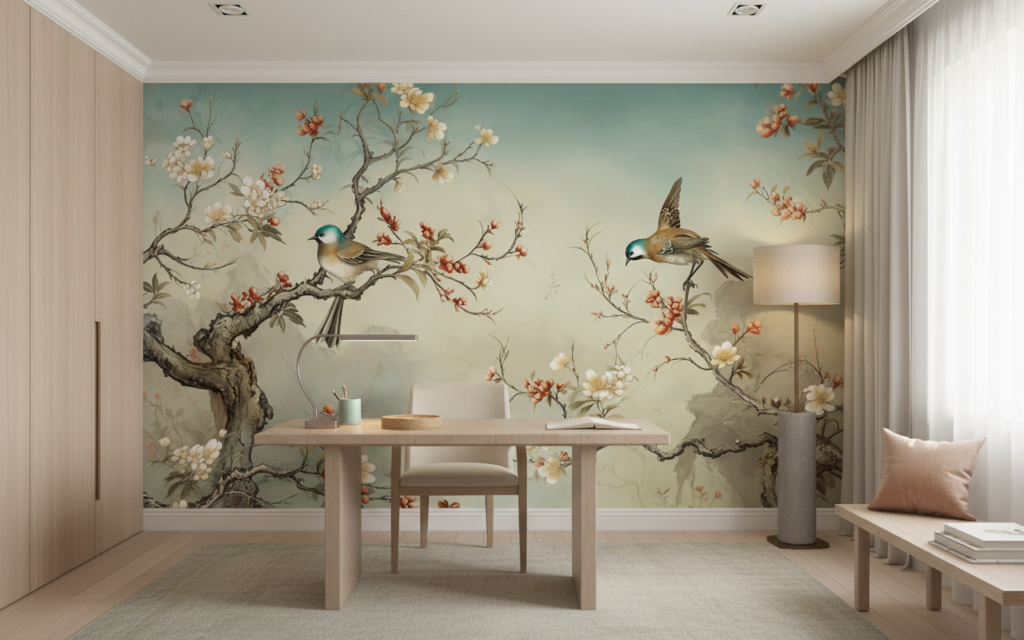 Papier peint oiseaux et branches fleuries style oriental zen - Bureau
