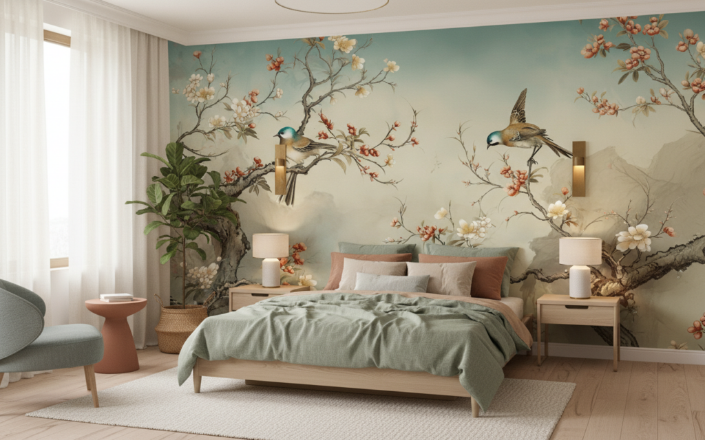 Papier peint oiseaux et branches fleuries style oriental zen - Chambre adulte