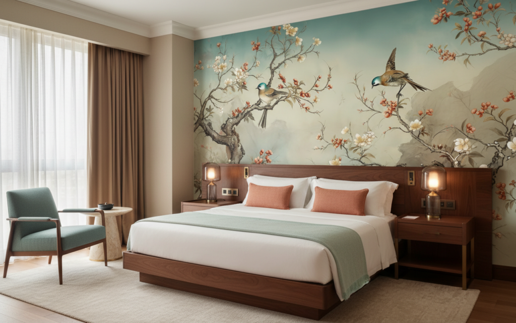 Papier peint oiseaux et branches fleuries style oriental zen - Hôtel