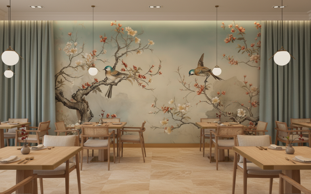 Papier peint oiseaux et branches fleuries style oriental zen - Restaurant