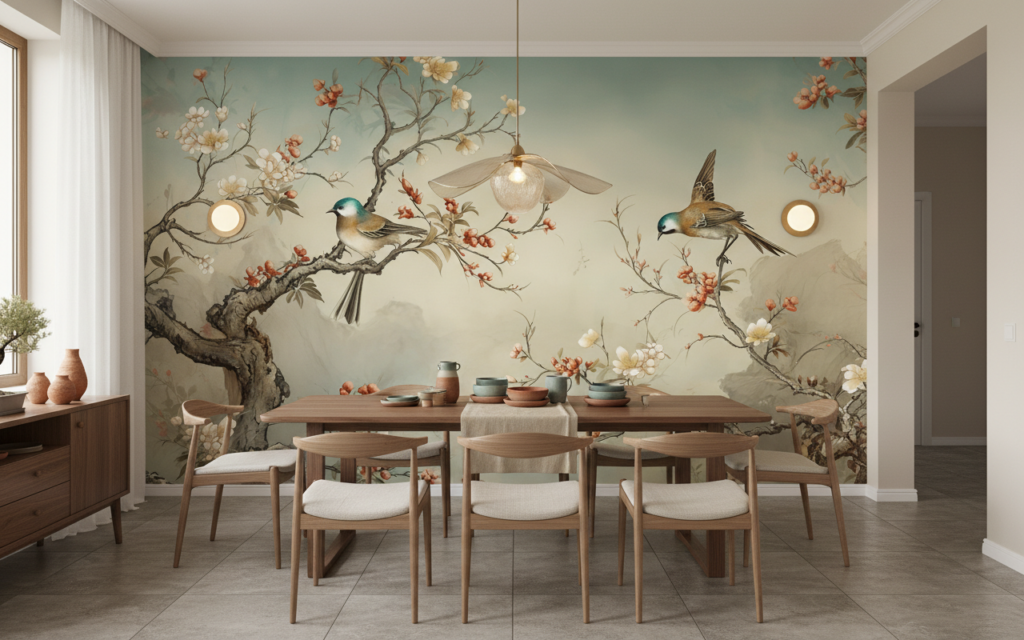 Papier peint oiseaux et branches fleuries style oriental zen - Salle à manger