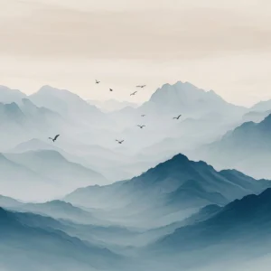 Papier Peint Montagnes Brumeuses et Oiseaux Style Aquarelle Zen