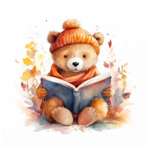Papier Peint Ourson Automnal Lisant un Livre Aquarelle Enfant