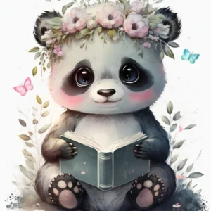 Papier Peint Panda Adorable avec Fleurs et Livre Aquarelle