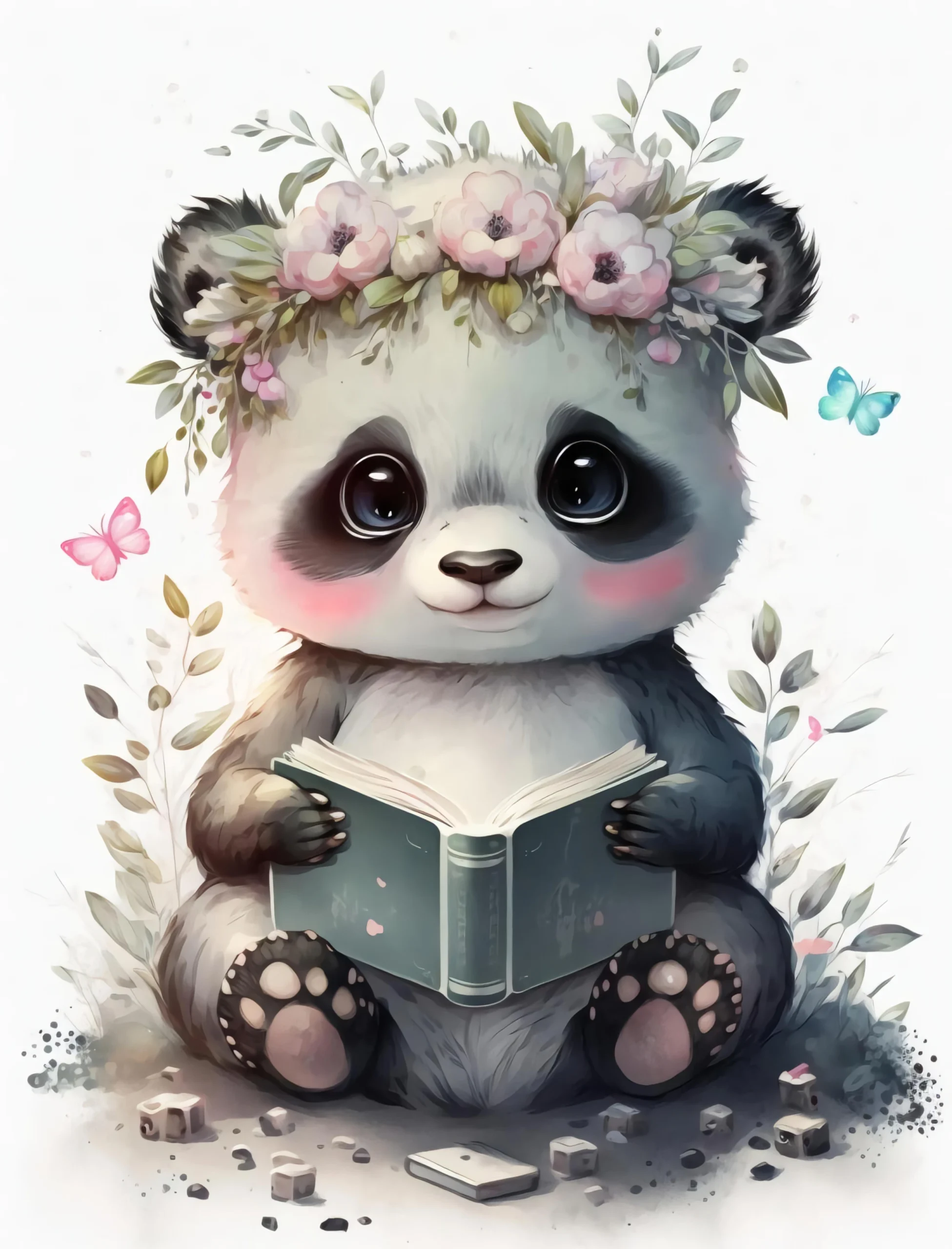 Papier Peint Panda Adorable avec Fleurs et Livre Aquarelle