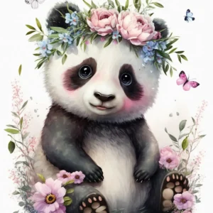 Papier peint panda fleuri avec couronne de pivoines et papillons