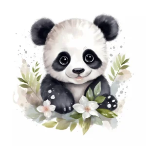 Papier Peint Panda Mignon avec Fleurs dans Style Aquarelle Douce