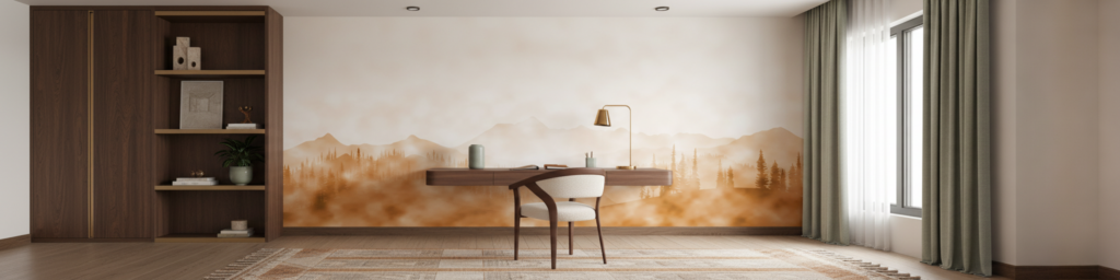 Papier Peint Panorama Montagnard Forêt de Conifères Ambiance Dorée - Bureau