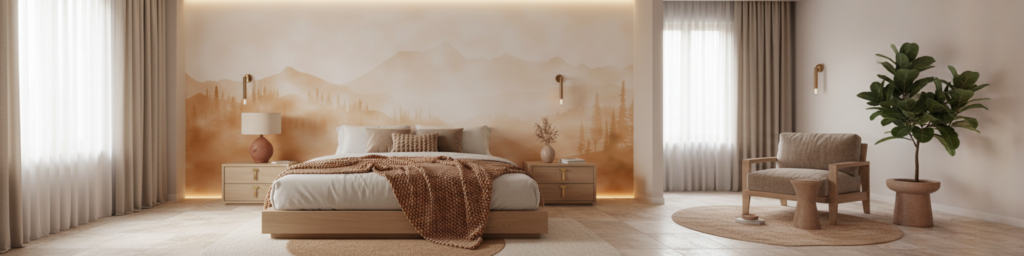 Papier Peint Panorama Montagnard Forêt de Conifères Ambiance Dorée - Chambre adulte