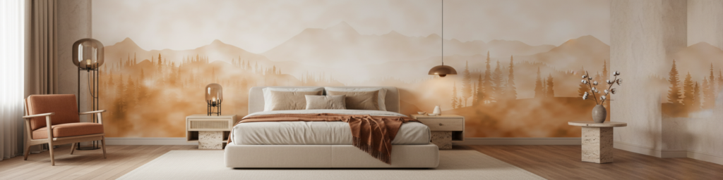 Papier Peint Panorama Montagnard Forêt de Conifères Ambiance Dorée - Hôtel
