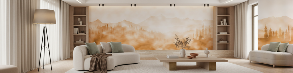 Papier Peint Panorama Montagnard Forêt de Conifères Ambiance Dorée - Salon / Séjour