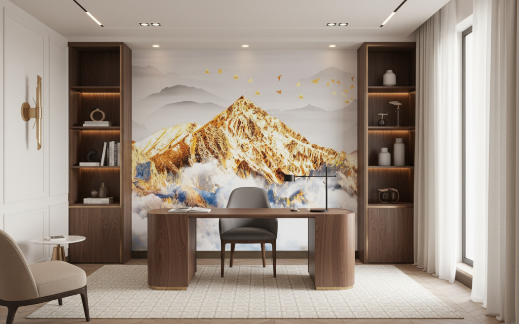 Papier Peint Panorama Montagne Dorée avec Nuages et Oiseaux Migrateurs - Bureau