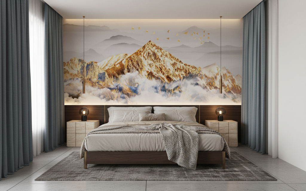 Papier Peint Panorama Montagne Dorée avec Nuages et Oiseaux Migrateurs - Chambre adulte