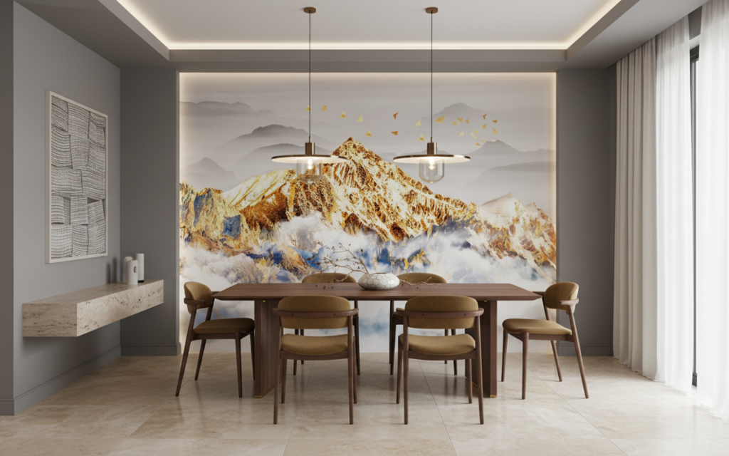 Papier Peint Panorama Montagne Dorée avec Nuages et Oiseaux Migrateurs - Salle à manger