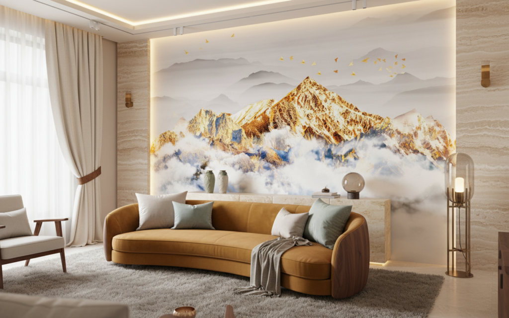 Papier Peint Panorama Montagne Dorée avec Nuages et Oiseaux Migrateurs - Salon / Séjour