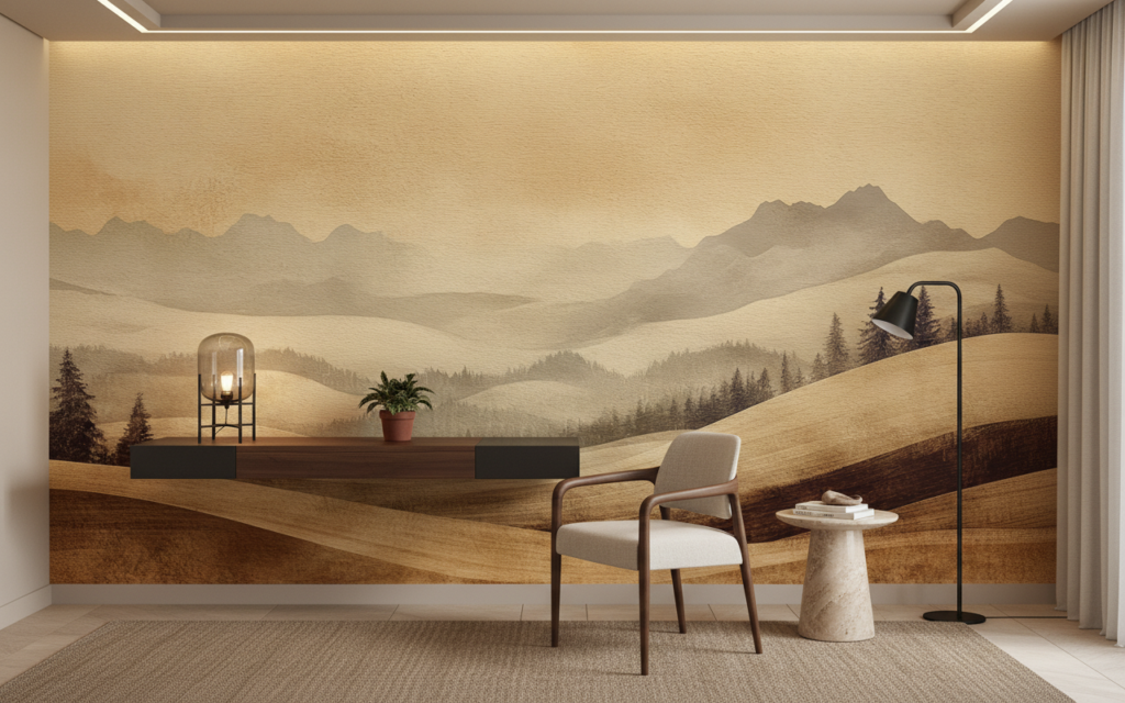 Papier peint panorama montagneux aux tons dorés et bruns - Bureau