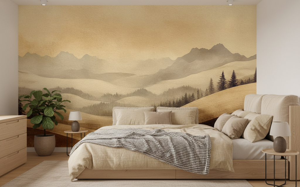 Papier peint panorama montagneux aux tons dorés et bruns - Chambre adulte