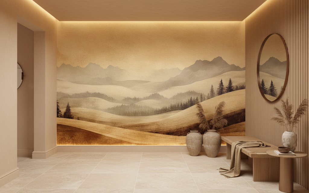 Papier peint panorama montagneux aux tons dorés et bruns - Entrée