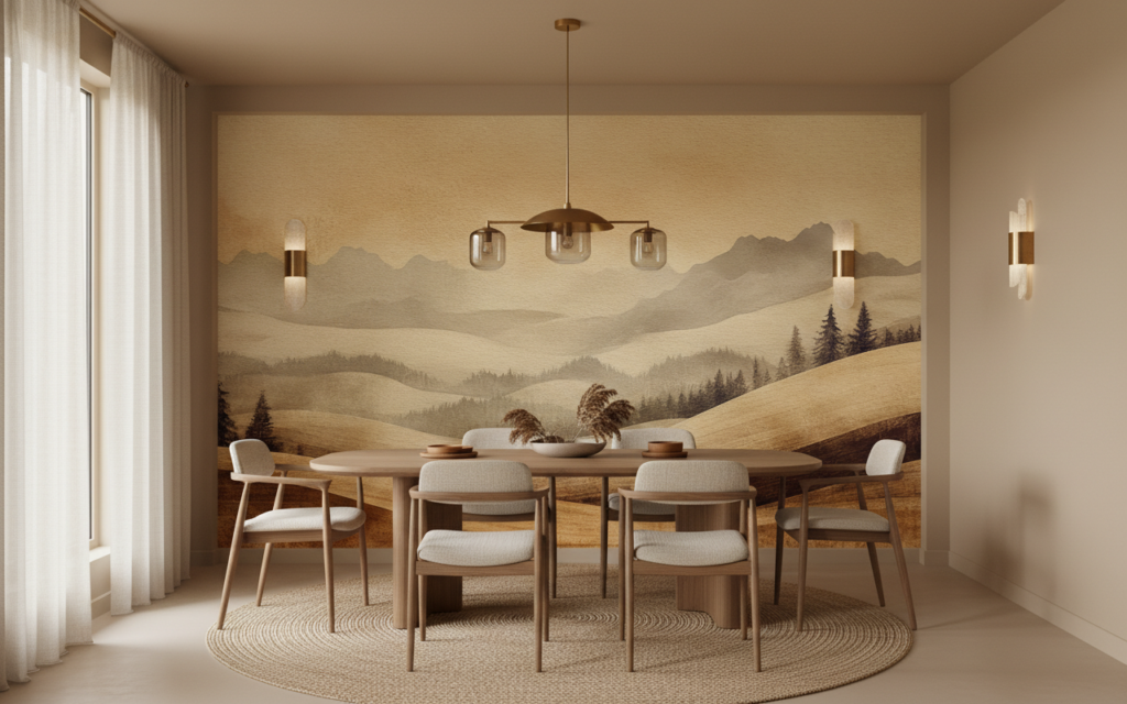 Papier peint panorama montagneux aux tons dorés et bruns - Salle à manger