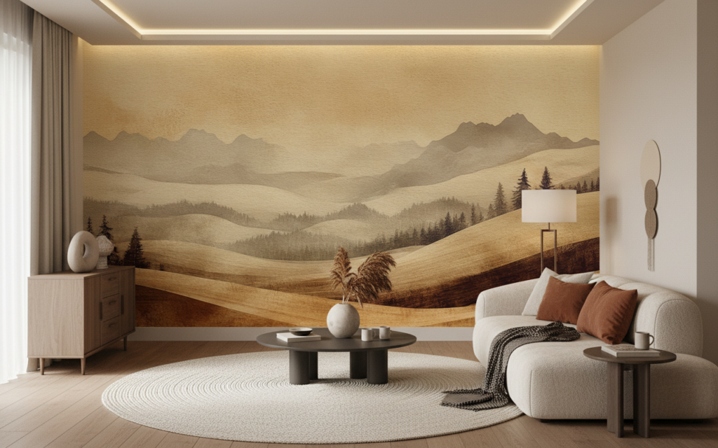 Papier peint panorama montagneux aux tons dorés et bruns - Salon / Séjour