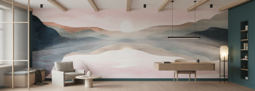 Papier peint panorama montagneux aux tons pastel nuancés dégradés - Bureau