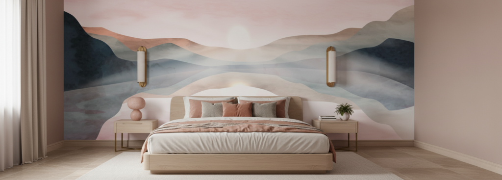 Papier peint panorama montagneux aux tons pastel nuancés dégradés - Chambre adulte
