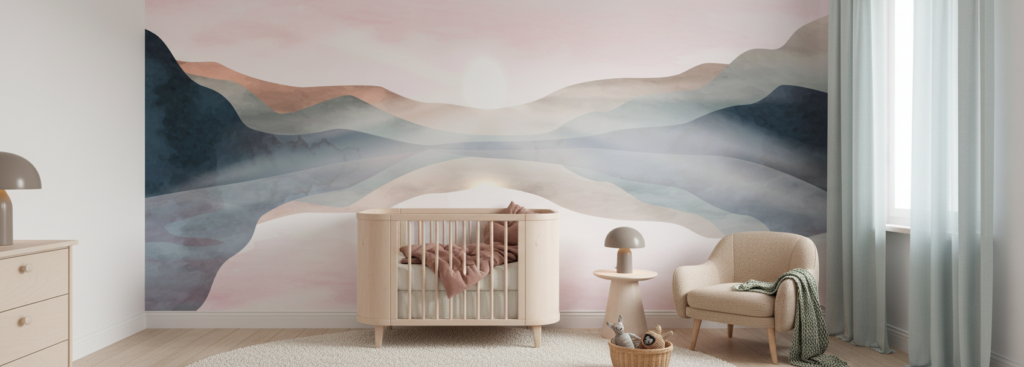 Papier peint panorama montagneux aux tons pastel nuancés dégradés - Chambre bébé