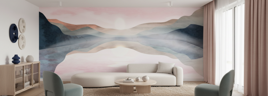 Papier peint panorama montagneux aux tons pastel nuancés dégradés - Salon / Séjour