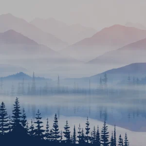 Papier Peint Panorama Montagneux Brumeux avec Forêt de Sapins