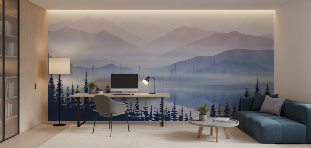 Papier Peint Panorama Montagneux Brumeux avec Forêt de Sapins - Bureau