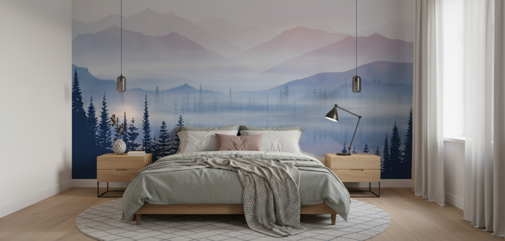 Papier Peint Panorama Montagneux Brumeux avec Forêt de Sapins - Chambre adulte