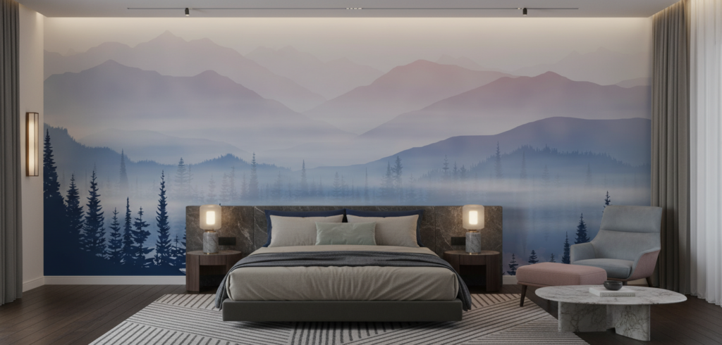 Papier Peint Panorama Montagneux Brumeux avec Forêt de Sapins - Hôtel