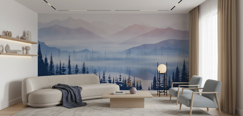 Papier Peint Panorama Montagneux Brumeux avec Forêt de Sapins - Salon / Séjour