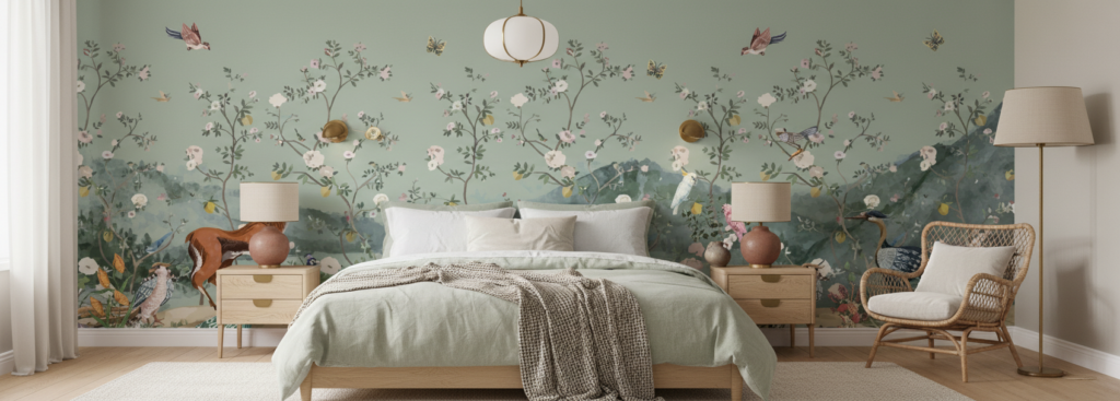 Papier Peint Panoramique Jardin Enchanté aux Animaux Sauvages et Oiseaux Exotiques - Chambre adulte