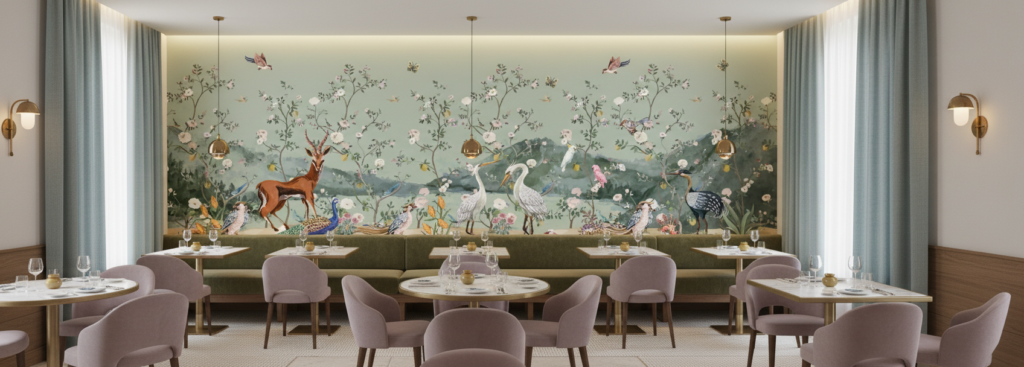 Papier Peint Panoramique Jardin Enchanté aux Animaux Sauvages et Oiseaux Exotiques - Restaurant