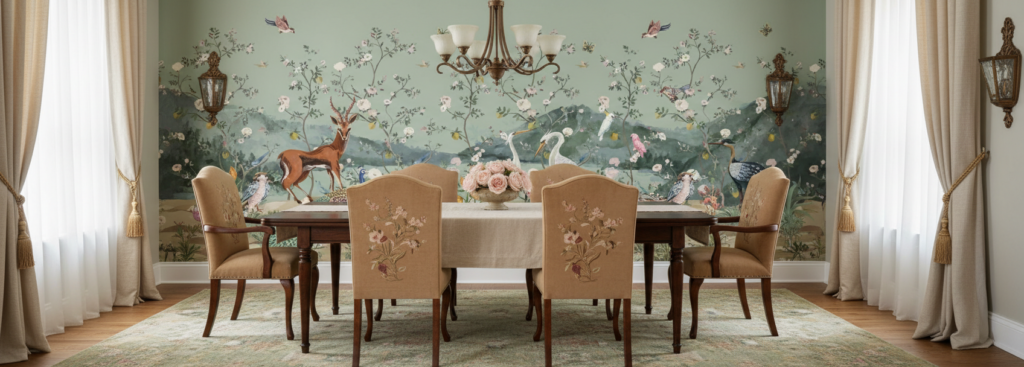 Papier Peint Panoramique Jardin Enchanté aux Animaux Sauvages et Oiseaux Exotiques - Salle à manger