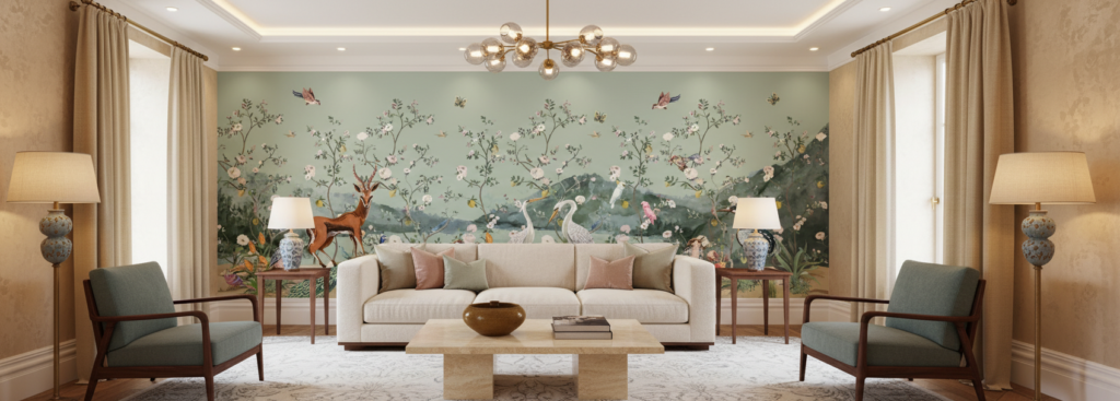 Papier Peint Panoramique Jardin Enchanté aux Animaux Sauvages et Oiseaux Exotiques - Salon / Séjour