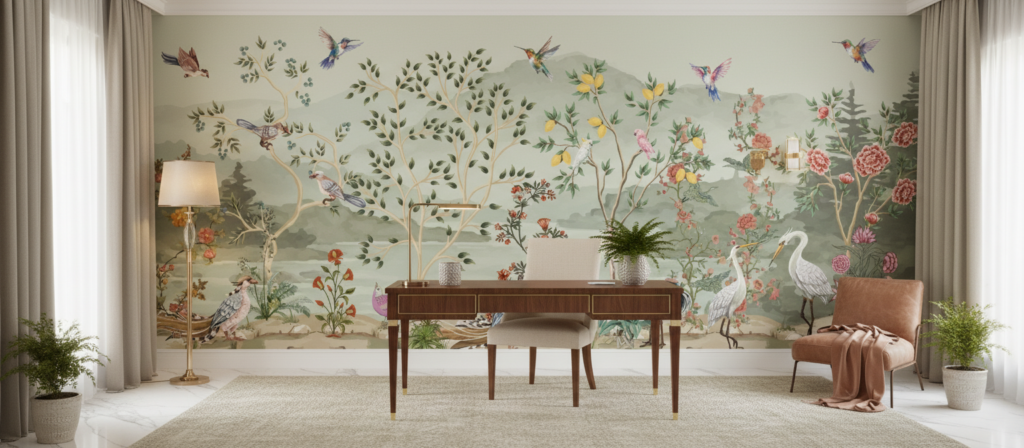 Papier peint panoramique jardin exotique oiseaux et fleurs vintage - Bureau