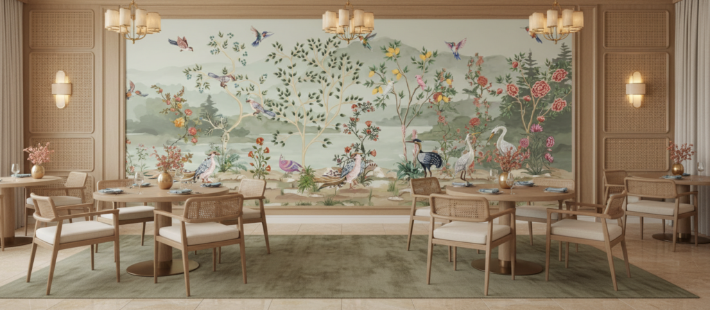 Papier peint panoramique jardin exotique oiseaux et fleurs vintage - Restaurant