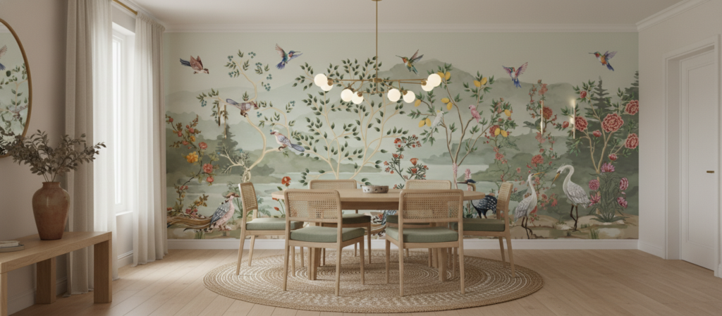 Papier peint panoramique jardin exotique oiseaux et fleurs vintage - Salle à manger