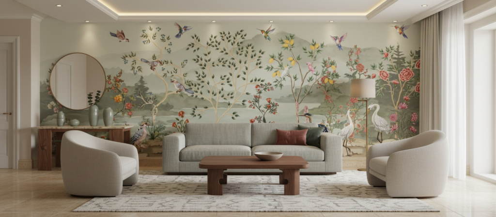 Papier peint panoramique jardin exotique oiseaux et fleurs vintage - Salon / Séjour