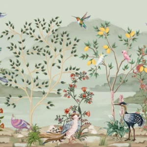 Papier peint panoramique jardin exotique oiseaux et fleurs vintage