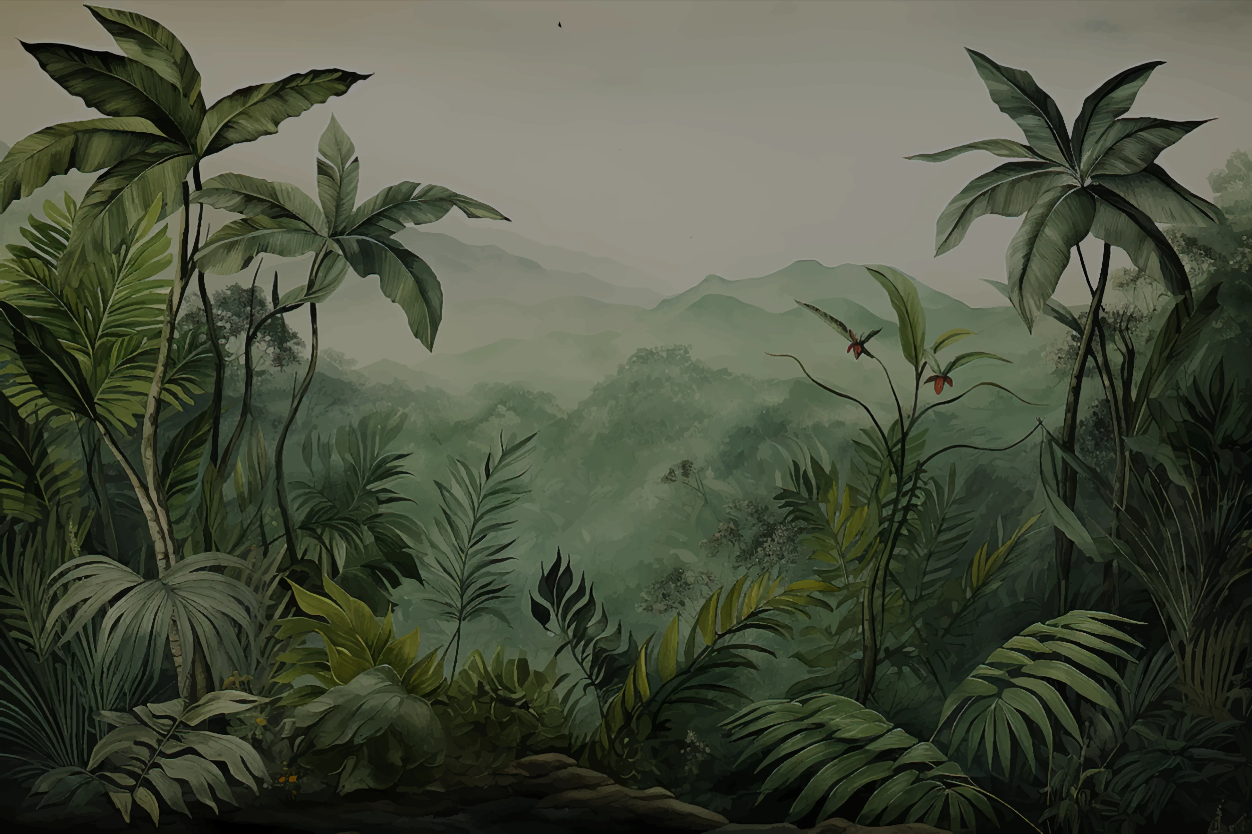 Papier Peint Panoramique Jungle Tropicale avec Montagnes Brumeuses