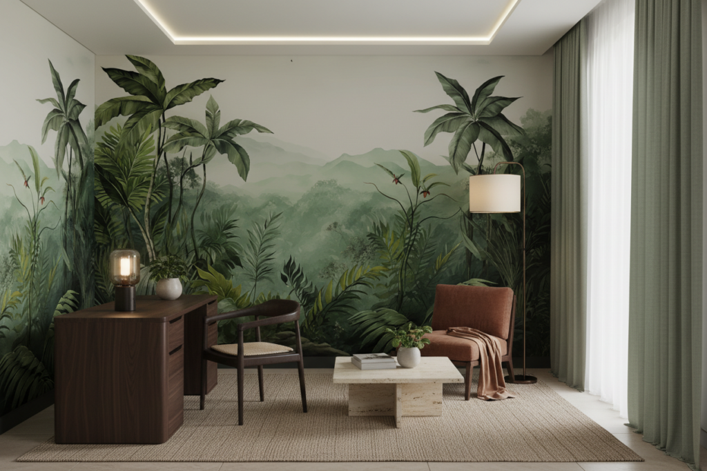 Papier Peint Panoramique Jungle Tropicale avec Montagnes Brumeuses - Bureau